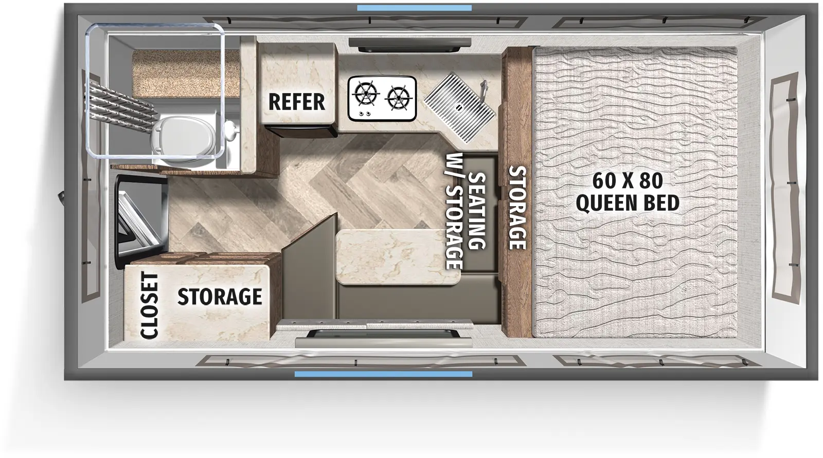 The Real Lite Truck Camper SS-1610 floorplan features include: toilet.